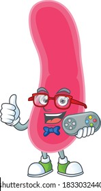 Cartoon mascot design of fusobacteria play a game with controller. Vector illustration