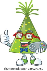 Cartoon mascot design of green party hat play a game with controller. Vector illustration