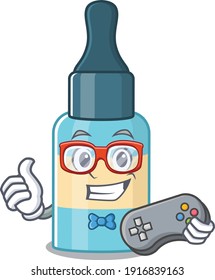 Cartoon Mascot design of hair oil gamer using controller. Vector illustration