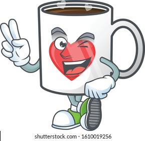 cartoon mascot design of heart cup of coffee with two fingers