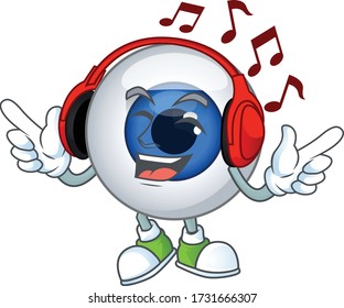 Cartoon mascot design human eye ball enjoying music with headset