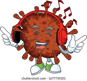 cartoon mascot design of infection coronavirus enjoying music