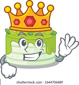 A cartoon mascot design of kiwi cake performed as a King on the stage