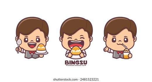 diseño de mascota de dibujos animados con bingsu de hielo afeitado coreano , ilustración de dibujos animados de Vector con diferentes expresiones y poses.