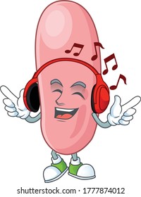 Cartoon mascot design legionella pneunophilla enjoying music with headset. Vector illustration