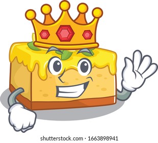 A cartoon mascot design of lemon cheesecake performed as a King on the stage