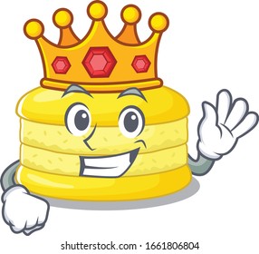 A cartoon mascot design of lemon macaron performed as a King on the stage