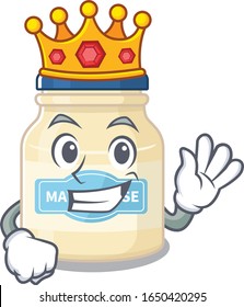 A cartoon mascot design of mayonnaise performed as a King on the stage