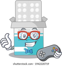 Cartoon Mascot design of medical medicine bottle gamer using controller. Vector illustration