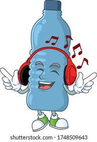 Cartoon mascot design mineral bottle enjoying music with headset