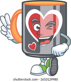 cartoon mascot design of mug love with two fingers