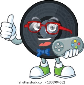 Cartoon mascot design of music viynl disc play a game with controller. Vector illustration