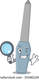 Cartoon Mascot Design Of Nail File Super Detective Breaking The Case Using Tools. Vector Illustration