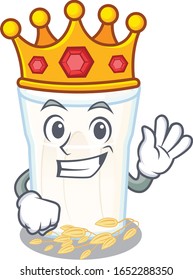 A cartoon mascot design of oats milk performed as a King on the stage