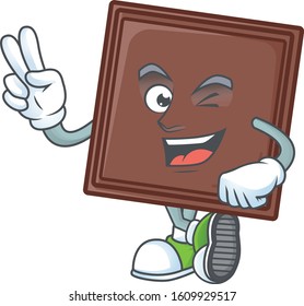 cartoon mascot design of one bite chocolate bar with two fingers