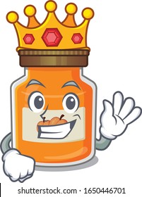 A cartoon mascot design of peach jam performed as a King on the stage