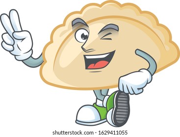 cartoon mascot design of pierogi with two fingers