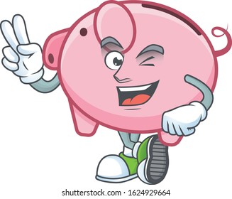 cartoon mascot design of piggy bank with two fingers