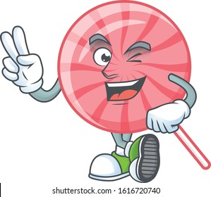 cartoon mascot design of pink round lollipop with two fingers
