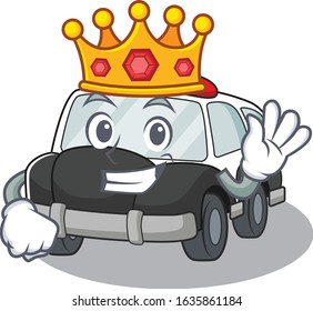 A cartoon mascot design of police car performed as a King on the stage