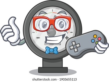 Cartoon Mascot design of pressure gauge gamer using controller