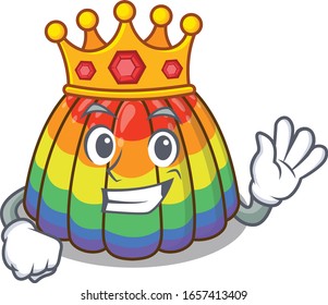 A cartoon mascot design of rainbow jelly performed as a King on the stage