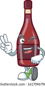 cartoon mascot design of red bottle wine with two fingers