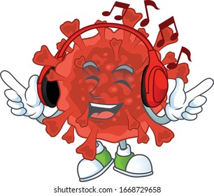 cartoon mascot design of red corona virus enjoying music