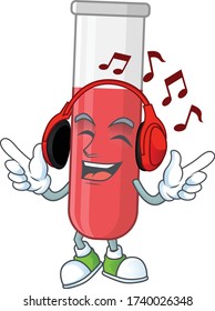 Tubo de prueba rojo de diseño de mascota de caricatura que disfruta de música con auriculares
