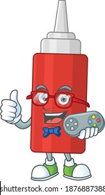 Cartoon mascot design of sauce bottle play a game with controller. Vector illustration
