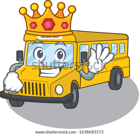 A cartoon mascot design of school bus performed as a King on the stage