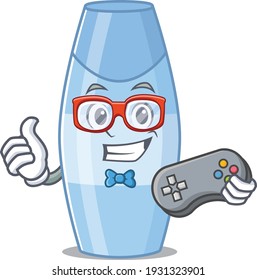 Cartoon Mascot design of shampoo gamer using controller. Vector illustration