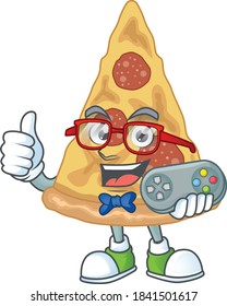 Cartoon mascot design of slice of pizza play a game with controller. Vector illustration