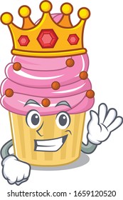 A cartoon mascot design of Strawberry cupcake performed as a King on the stage