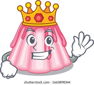 A cartoon mascot design of strawberry jelly performed as a King on the stage