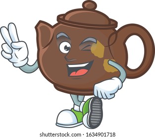cartoon mascot design of teapot with two fingers