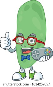 Cartoon mascot design of thermus thermophilus play a game with controller. Vector illustration