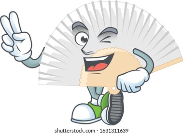 cartoon mascot design of white chinese folding fan with two fingers