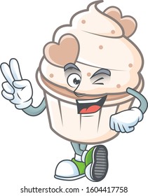 cartoon mascot design of white cream love cupcake with two fingers