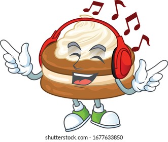 cartoon mascot design of white cream alfajor enjoying music