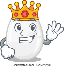 A cartoon mascot design of white egg performed as a King on the stage