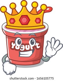 A cartoon mascot design of yogurt performed as a King on the stage