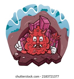 Cartoon Maskottchen des Teufels Unkraut Bud in der roten Kristallhöhle. Vektorgrafik und Illustration.