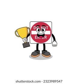 Mascota de caricatura de no entrar en el cartel de la carretera sosteniendo un trofeo , diseño de personaje