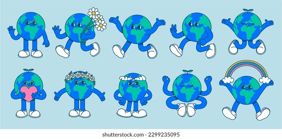 Cartoon mascot earth. Retro 70s comic character earth, walking vintage cute planet, happy globe with heart and flowers, stickers doodle world. Vector set. Environmental protection concept