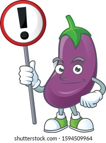 Cartoon mascot of eggplant bring sign in his hand