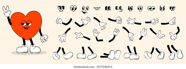 Cartoon mascot elements. Cute comic face with funny emotions, retro vintage mascot character with smiling mouth and happy eyes. Vector isolated set.