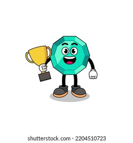 Cartoon mascot of emerald gemstone holding a trophy , character design