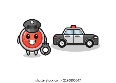 Mascota de caricatura con el botón de pánico de emergencia como policía, diseño lindo