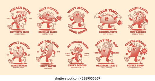 Cartoon mascot fast food. Comic 70s mascot contour character. Groovy logo fries, hamburger, donut, coffee and walking tacos. Retro fun meal with face, hands and leg vector set. Tasty sandwich